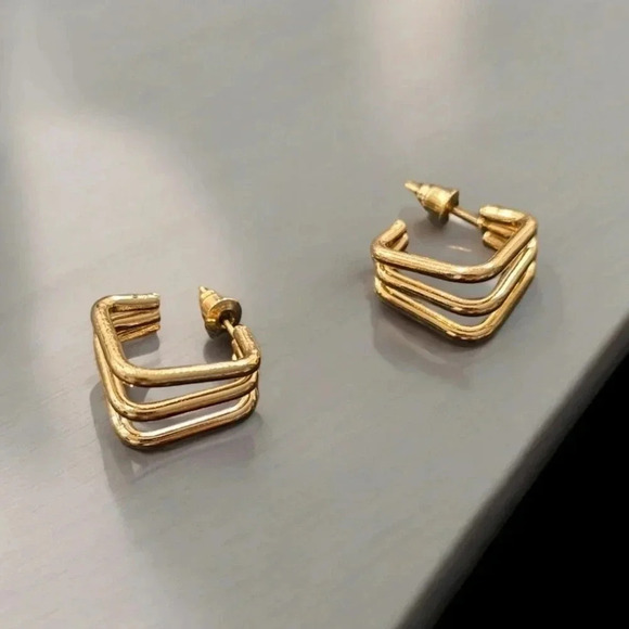 Gold Plated Multi-layered Square Hoop Earrings - Picture 2 of 2